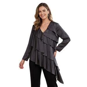 Ashro Ruffle Tiered Blouse XXL Black Satin Asymmetrical Avant Garde Party Career